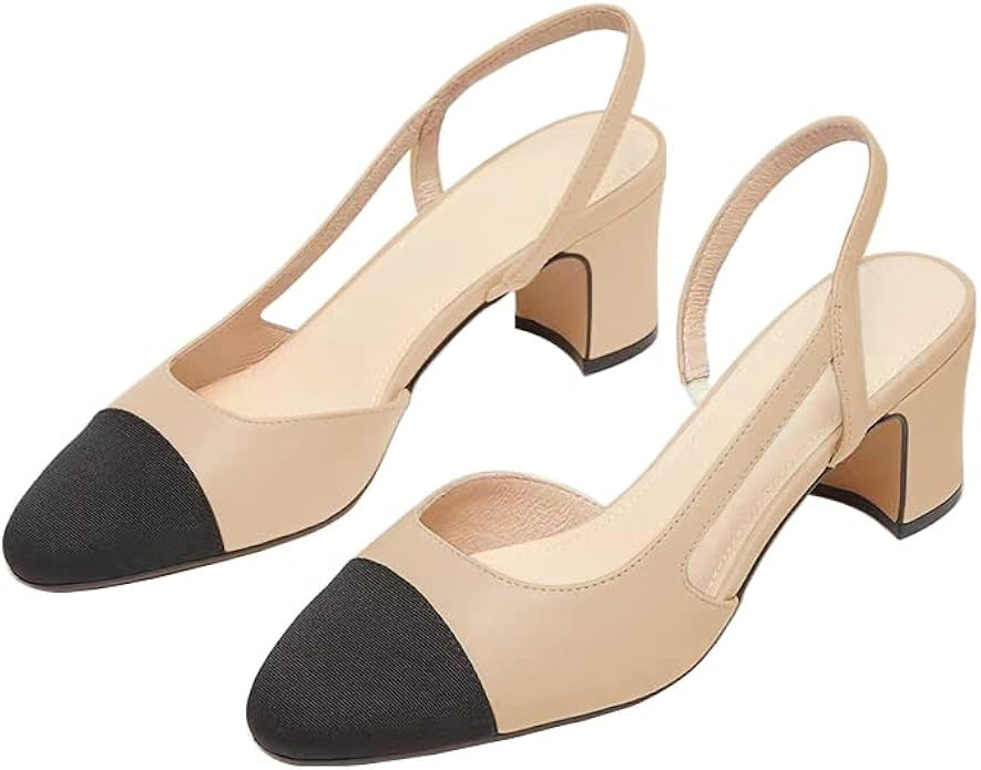 JANSEVEN Slingback Shoes For Women Heels Chunky Pumps Block Heel Two Straps Heeled Sandals Almond... | Amazon (US)