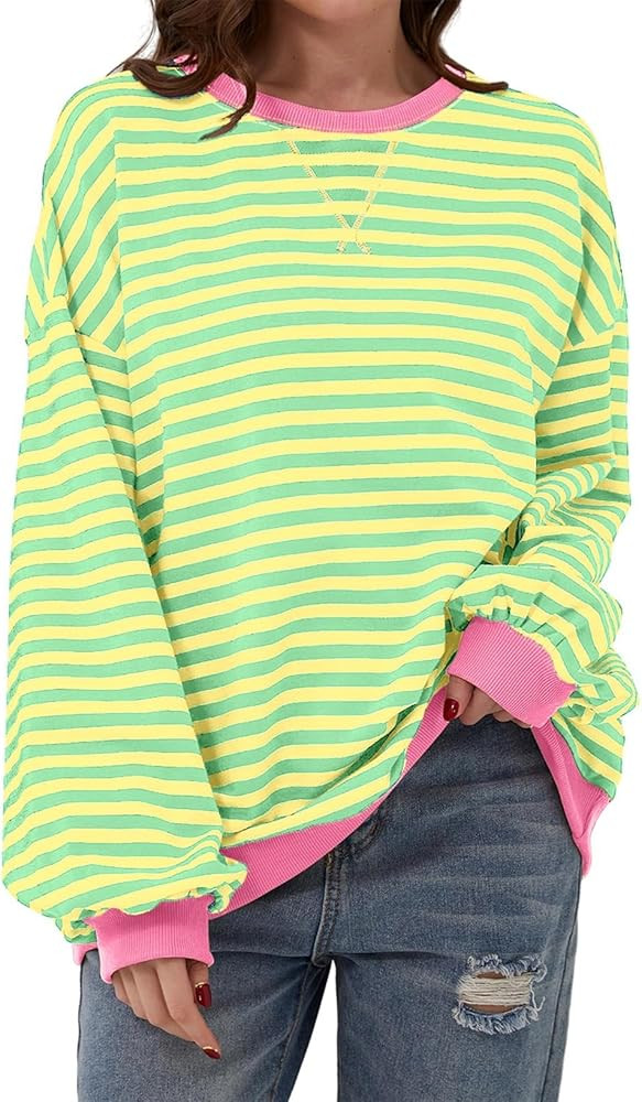 AlvaQ Womens Oversized Sweatshirt 2024 Casual Crewneck Long Sleeve Colorblock Striped Pullover Tu... | Amazon (US)