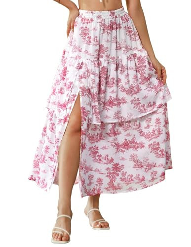 Womens Maxi Skirt Flowy Summer Skirt Red Floral Maxi Skirt with Slit Red M | Amazon (US)