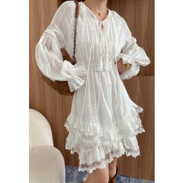 Tiered Ruffle Lace Trim Lantern Sleeves Asymmetric Midi Dress | Chicwish