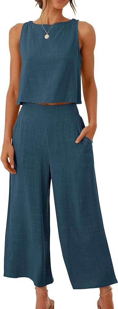 ANRABESS Women's Summer 2 Piece Outfits Sleeveless Crop Top Capri Wide Leg Pants Jumpsuit Linen L... | Amazon (US)