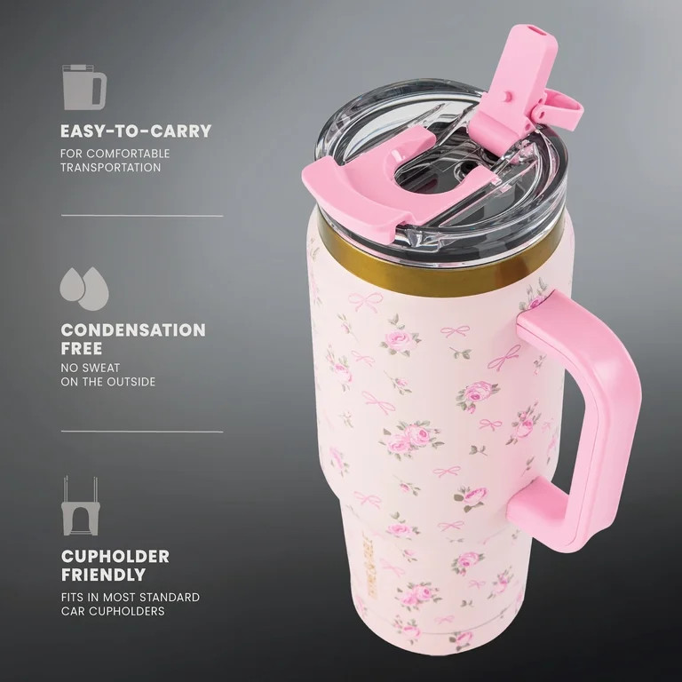 Thyme & Table 32oz Stainless Steel Luna Tumbler with Handle and Dual Straw Lid, Roses | Walmart (US)