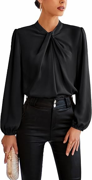 GRACE KARIN Women's Satin Top Mock Neck Twist Front Top Long Lantern Sleeve Silk Shirts Casual Lo... | Amazon (US)