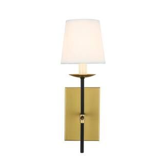 Timeless Home Ellie 4.5 in. W x 14 in. H 1-Light Brass and Black and White Shade Wall Sconce | The Home Depot