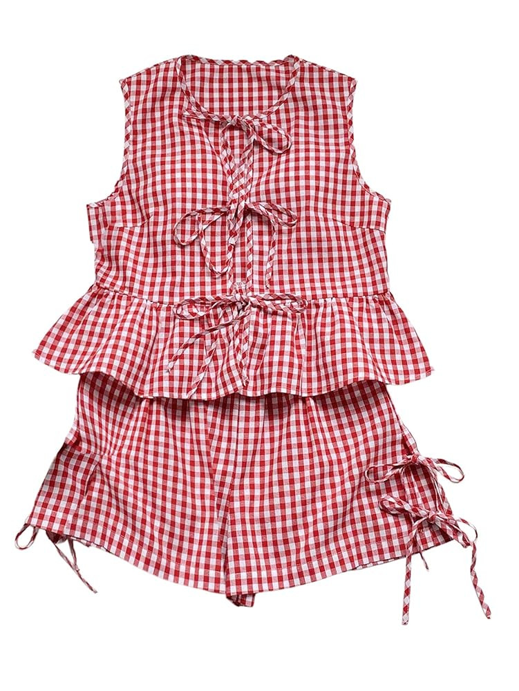 GORGLITTER Women's 2 Piece Outfits Summer Plaid Gingham Bow Tie Front Ruffle Tank Top Wide Leg Sh... | Amazon (US)