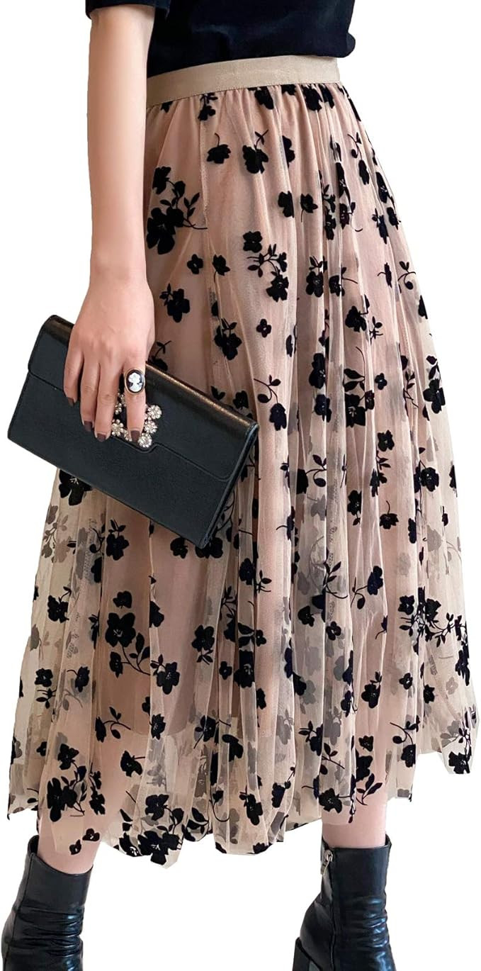 Women Tutu Tulle Skirt Elastic High Waist Layered Skirt Floral Print Mesh A-Line Midi Skirt | Amazon (US)