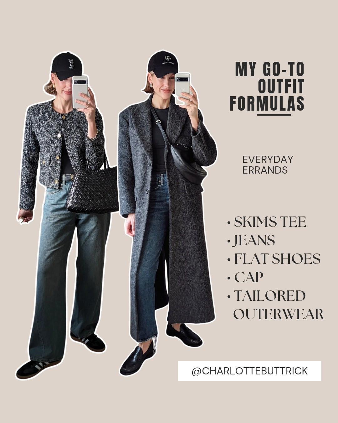 Capsule wardrobe Go to outfit formula for an everyday outfit running errands:Skims t-shirtJeansFlat shoesCapTailored outerwearLooks from my 30 days of outfits challenge on Instagram 

#LTKstyletip #LTKSeasonal #LTKeurope