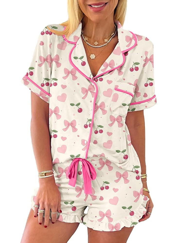 KevaMolly Womens Christmas Lounge Sets Candy Cane Print Pocketed Knotted PJ Set Short Sleeve Xmas... | Amazon (US)