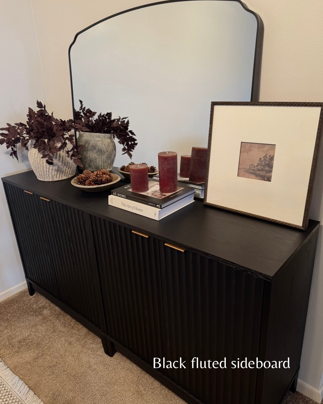 Dining room sideboard, fluted sideboard, black sideboard, Christmas dining room styling, dough bowl, decorative bowl, beige vase, plum stems, coffee table books

#LTKHome #LTKCyberWeek #LTKHoliday