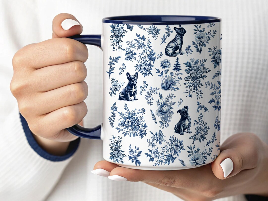 French Bulldog Blue Toile De Jouy Mug, Dog Lover Gift, Frenchie Coffee Cup, Dog Mom Gift Mug, Fre... | Etsy (US)