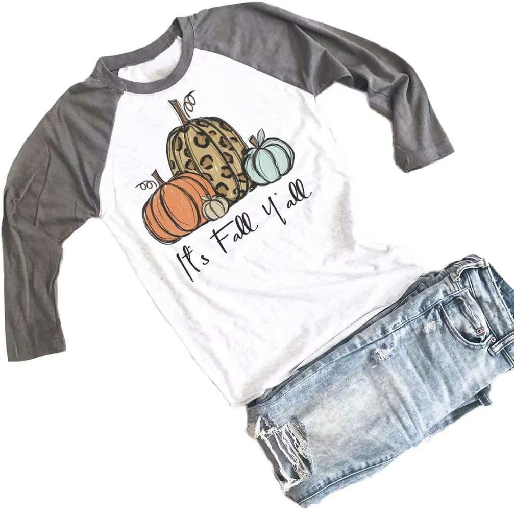 MYHALF It's Fall Y'all Shirts Women Funny Pumpkin Graphic Tee Tops 3/4 Sleeve Fall Raglan Tee | Amazon (US)