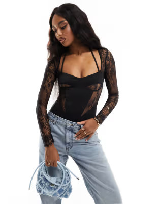 ASOS DESIGN lace insert corset bodysuit with shrug detail in black | ASOS (Global)