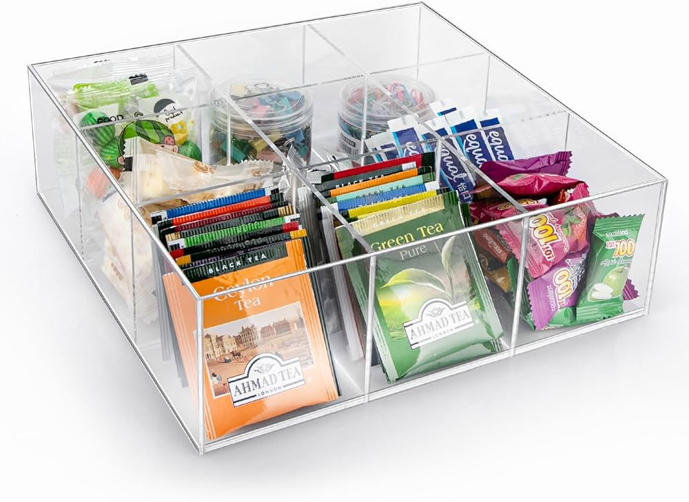 Clear Condiment Organizer and Tea Bag Holder, Acrylic Stash Box 9-Slot Clear Organizer with Lid f... | Amazon (US)