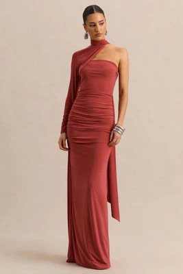 Cerisia | Rust Asymmetric-Neck Maxi Dress With Sash Detailing | Club L London