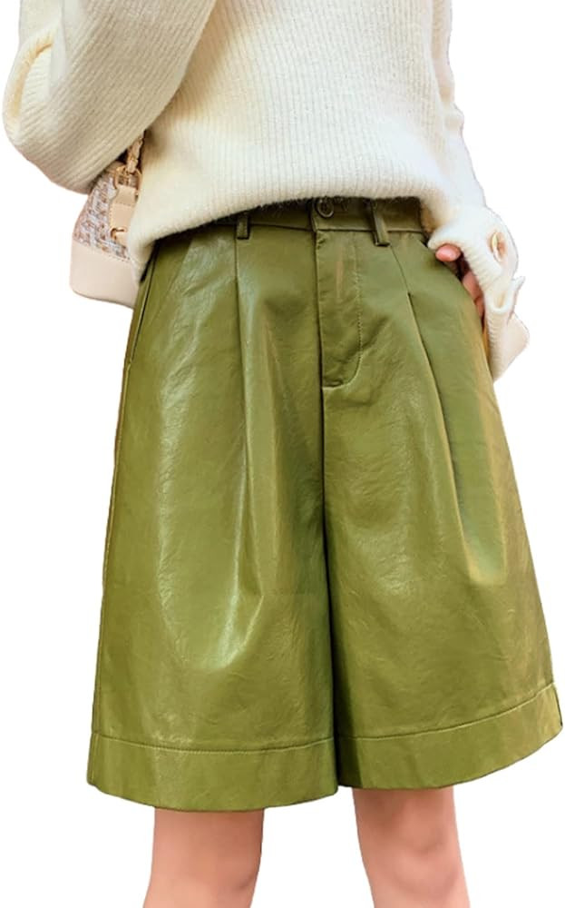 utcoco Women's PU Faux Leather Shorts High Waisted Wide Leg Bermuda Shorts for Women | Amazon (US)