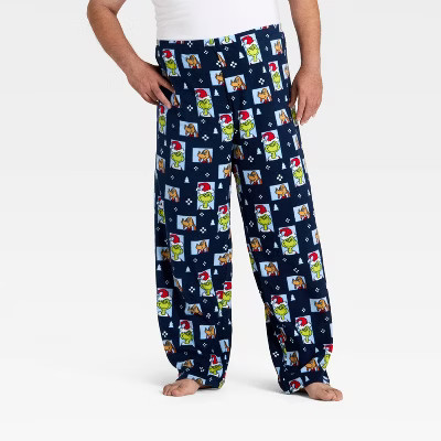 Men's Grinch Print Fleece Holiday Matching Family Pajama Pants - Navy Blue L | Target