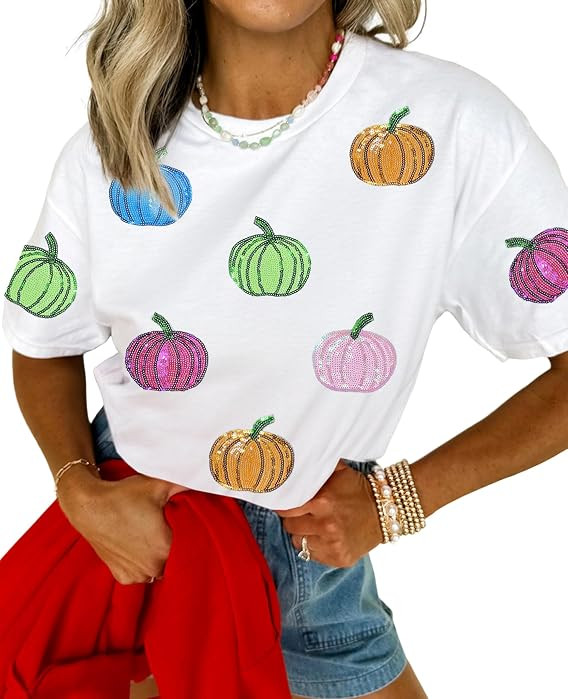SELINK Womens Summer Short Sleeve Tops Sequin Printed T Shirts Graphic Tees | Amazon (US)