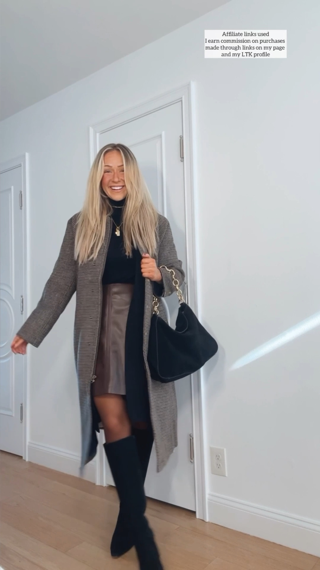 Fall fashion 

Checkered fall coat
Brown faux leather skirt
Chic style 