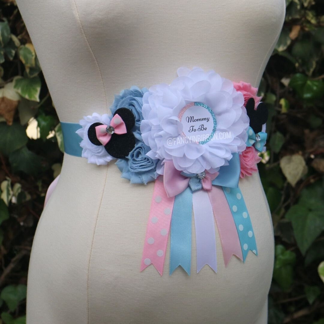 Gender Reveal Baby Shower Mommy to Be Corsage Ribbon Maternity Sash - Belly Sash - Mouse Baby Sho... | Etsy (US)