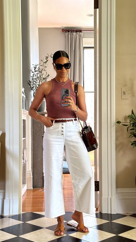 Spring Outfit Idea - Wide leg cropped jeans, Racerback sleeveless cropped tank, braided belt, sandals, and classic oversized sunglasses! 

#LTKstyletip #LTKover40