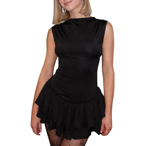 LouVasabuce Women Solid Color Sleeveless Tank Dresss Slim Fit Ruffle Hem Layer Tiered Mini Dress Bodycon Party Mini Dress (Black, M) | Amazon (US)