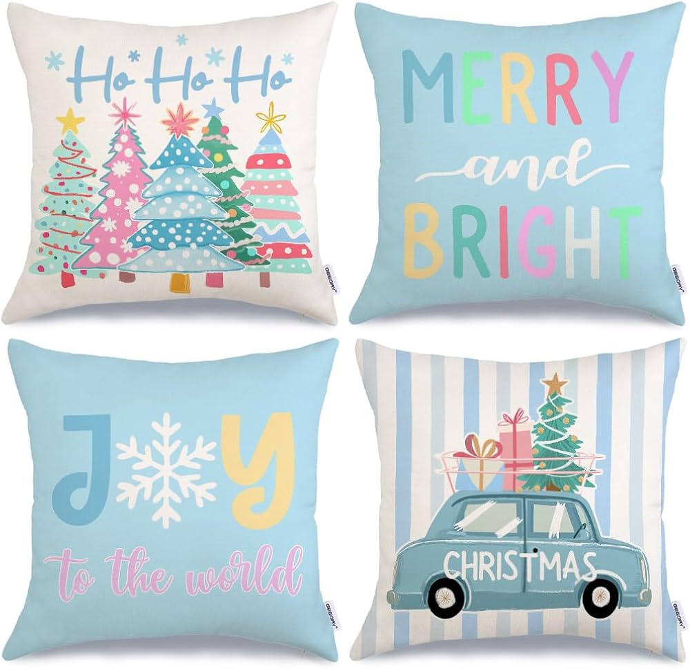 GEEORY Blue Christmas Throw Pillow Covers 18 x 18 Inch Set of 4, Xmas Trees Truck Merry and Brigh... | Amazon (US)