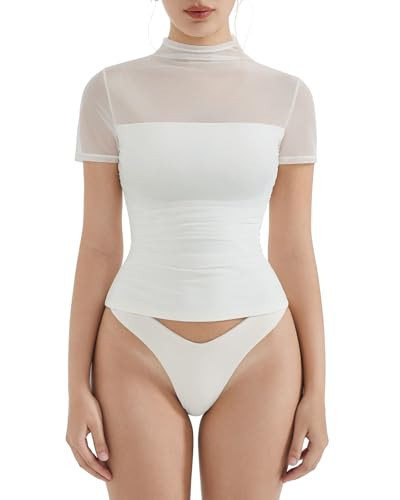 SUUKSESS Women Sexy Mesh Sheer Short Sleeve Crop Tops Double Lined Fitted Mock Turtle Neck Ruched Going Out Basic Boho Shirts (Snow White, M) | Amazon (US)
