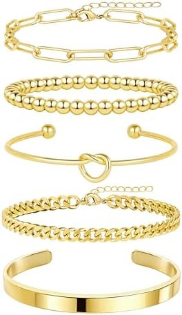 Gold Bracelets for Women Non Tarnish, 14K Gold Plated Chunky Cuff Bracelet Gold Bangles Bracelet ... | Amazon (US)