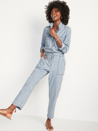Railroad Stripe Workwear Jean Jumpsuit for Women | Old Navy (US)