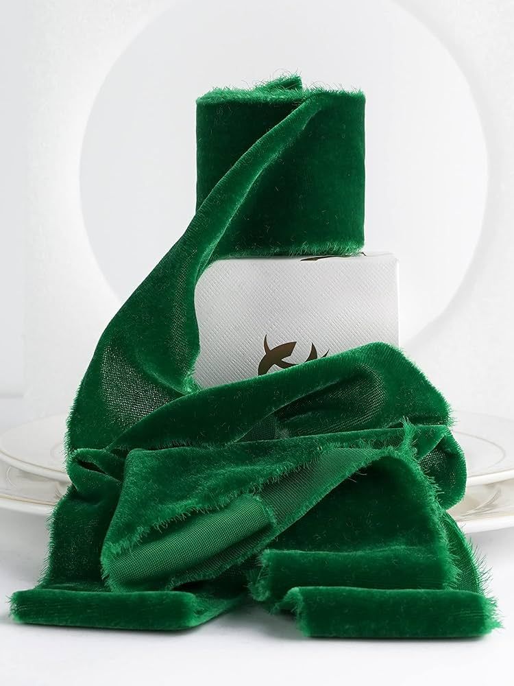 HUIHUANG Silk Velvet Ribbon Emerald Green Hand Dyed Velvet Ribbon 2 inch x 3 Yards Roll Handmade ... | Amazon (US)