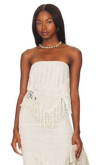 Calypso Strapless Top in Taupe | White Fringe Top | White Fringe Skirt Outfit | White Skirt Set | Revolve Clothing (Global)
