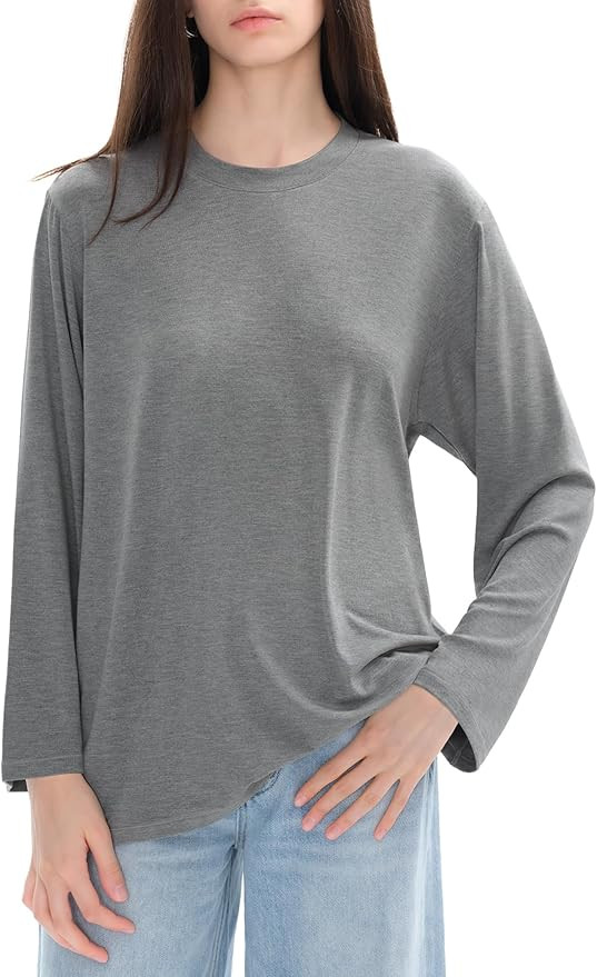 PUMIEY Women's Long Sleeve T Shirts Crew Neck Loose Fit Tops Casual Basic Tee Mirror Collection | Amazon (US)