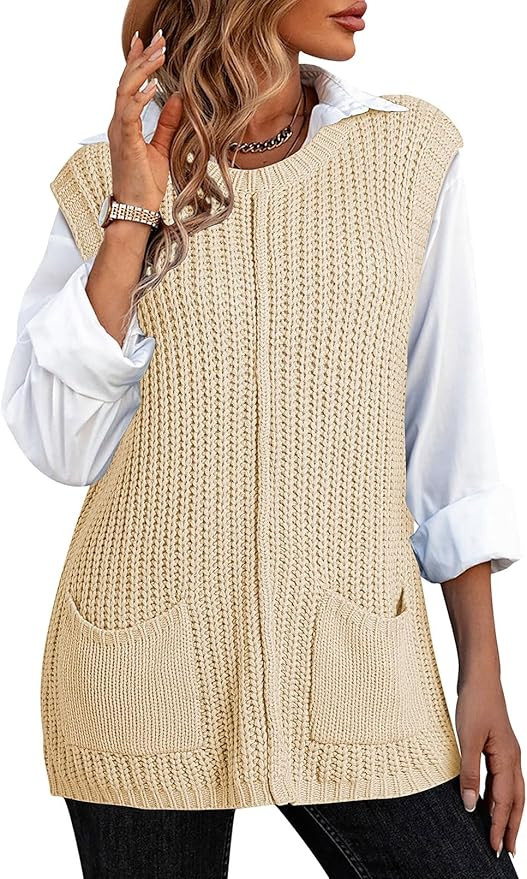 Pink Queen Women's Oversized Crewneck Knit Sweater Vest 2024 Casual Sleeveless Preppy Tunic Pullo... | Amazon (US)