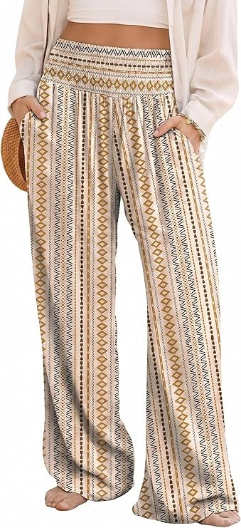 Dokotoo Women's Summer Boho Floral Bagyy Pants Wide Leg High Smocked Waist Casual Loose Palazzo P... | Amazon (US)