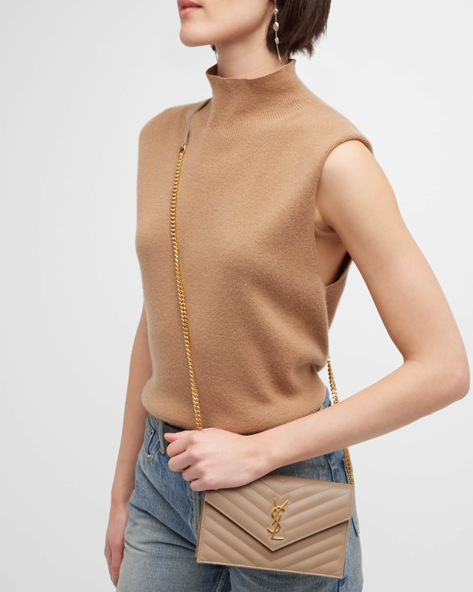 Saint Laurent YSL Monogram Small Wallet on Chain in Grained Leather | Neiman Marcus