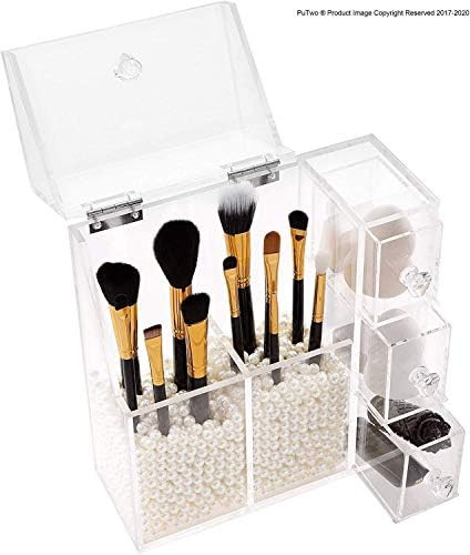 PuTwo Makeup Organizer With 2 Make Up Brush Holders and 3 Drawers All In One Case with Free White Pe | Amazon (US)