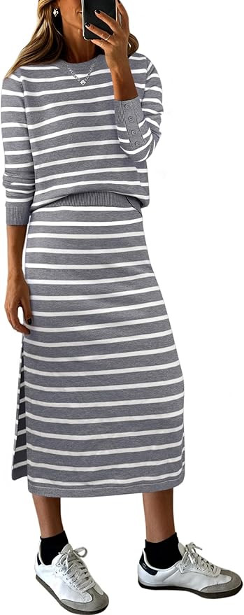 ANRABESS Women 2 Piece Outfits Striped Sweater Skirt Sets 2024 Fall Casual Long Sleeve Pullover T... | Amazon (US)