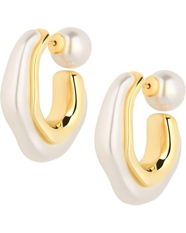 HETICA Chunky Gold Hoop Earrings, 14k Gold Plated Pearl Hoop Earrings for Women, Pearl Drop Earri... | Amazon (US)