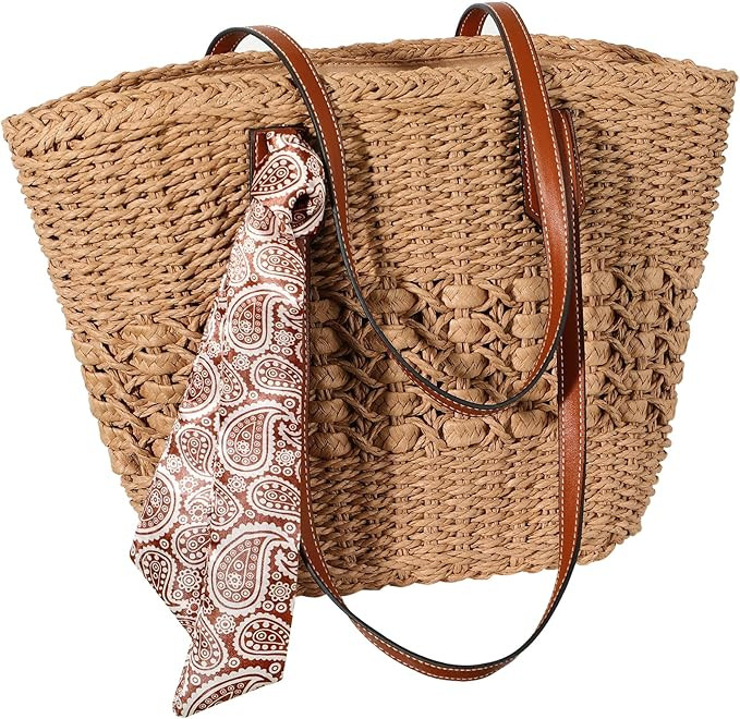 Beach Bags for Women, Summer Straw Bag, Woven Straw Beach Tote Bag Shoulder Handbags | Amazon (US)
