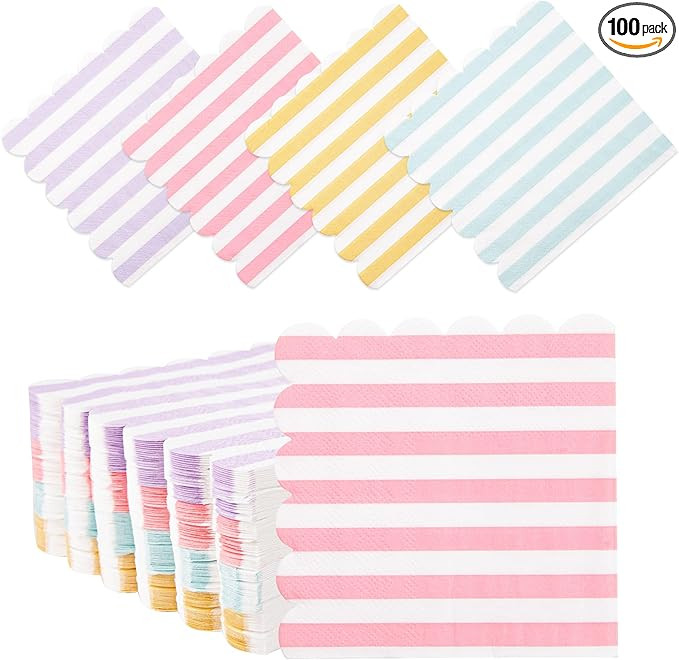 100 Pcs Striped Pastel Napkins, 5 x 5 Inches Scalloped Napkins, Disposable Cocktail Napkins for P... | Amazon (US)
