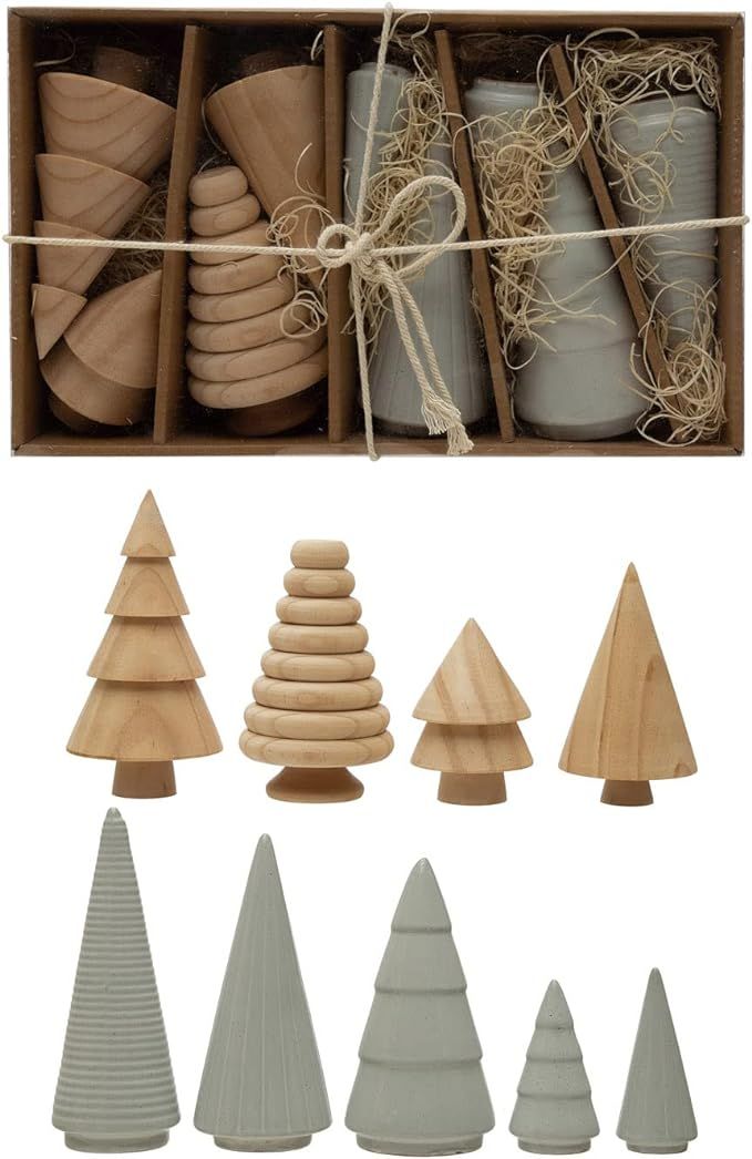 Creative Co-Op Pine Wood and Stoneware Trees, Natural and White, Boxed Set of 9 | Amazon (US)