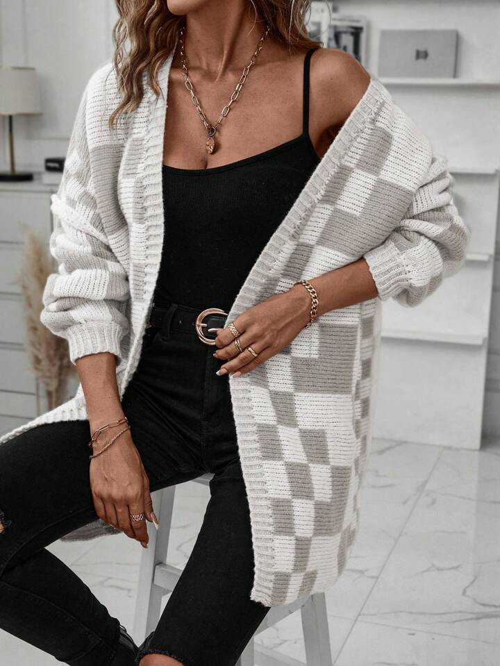 SHEIN LUNE Checkerboard Pattern Drop Shoulder Open Front Cardigan | SHEIN