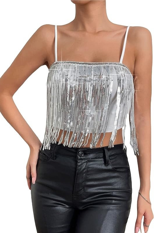 GORGLITTER Women's Contrast Sequin Fringe Cami Top Tassel Square Neck Crop Tops | Amazon (US)