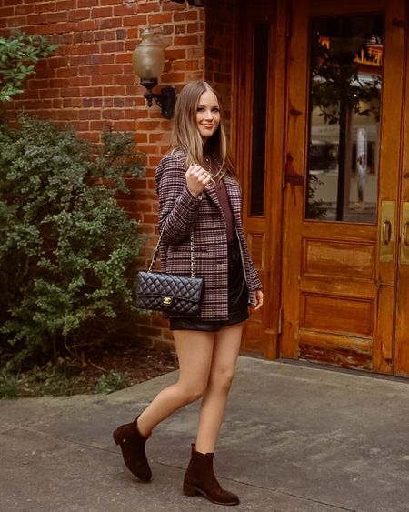 Fall or Winter neutral outfit. Plaid checkered wool blazer coat, faux leather black shorts, brown suede ankle boots, mockneck top. 

#LTKHoliday #LTKSeasonal #LTKshoecrush