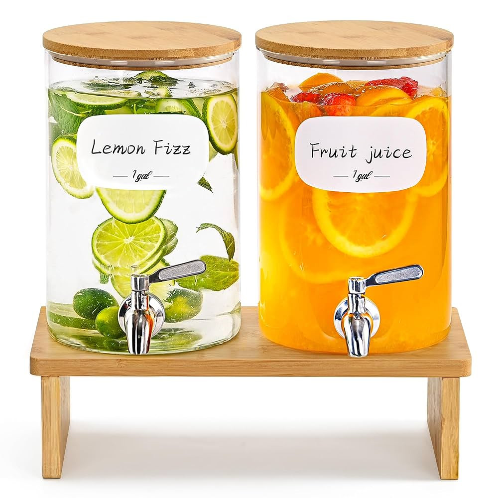 1 Gallon Glass Drink Dispenser for Parties. 2 Pack Glass Beverage Dispenser with Bamboo Stand,18/... | Amazon (US)