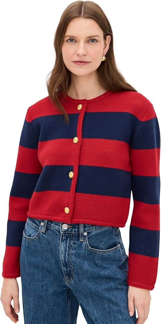 English Factory Women's Striped Knit Cardigan, Cherry/Navy, S at Amazon Women’s Clothing store | Amazon (US)