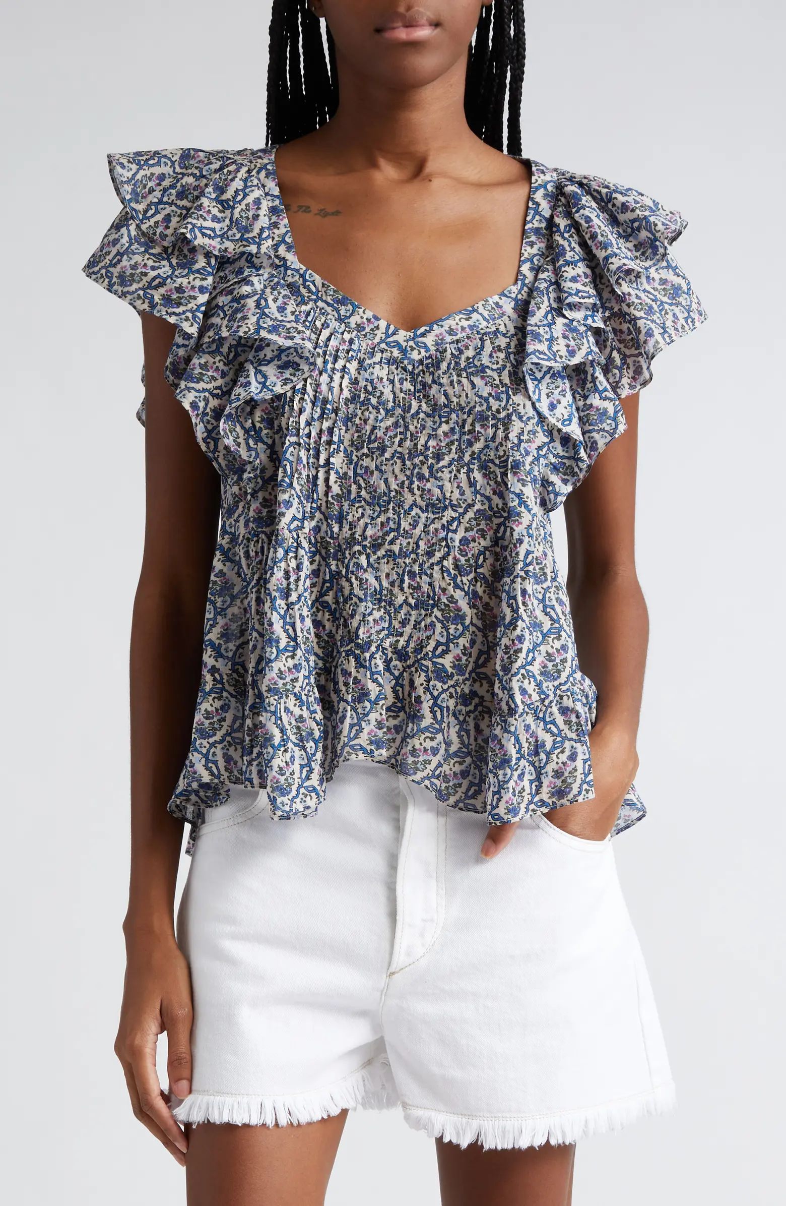Isabel Marant Étoile Madrana Floral Ruffle Sleeve Cotton Top | Nordstrom | Nordstrom