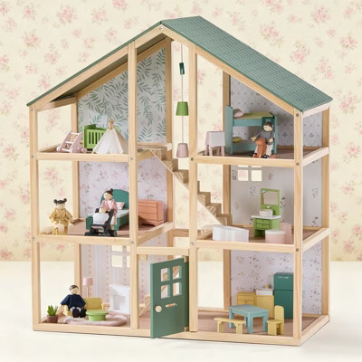 Tiny Land® Sweetwood Evergreen Dollhouse & 5-Piece Poseable Wooden Dolls Family Set | Target