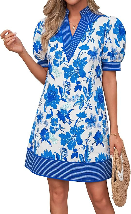 Wenrine Womens Summer V Neck Shift Dresses Casual Puff Short Sleeve Color Block Short Boho Beach ... | Amazon (US)