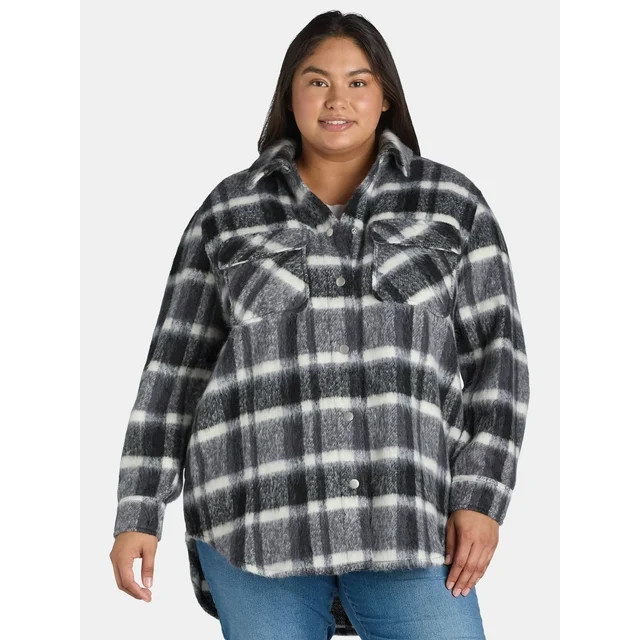 Terra & Sky Women's Plus Size Brushed Plaid Button Down Shacket, 0X-5X | Walmart (US)